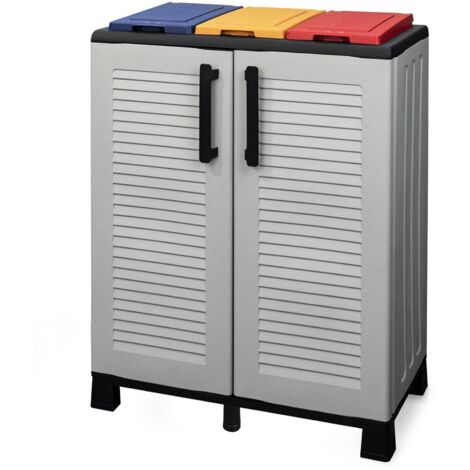Dmora - Pattumiera Tremolite, Cestino portarifiuti, Bidone per raccolta differenziata a 2 ante, 100% Made in Italy, 68x37h90 cm, Grigio chiaro e Multicolore