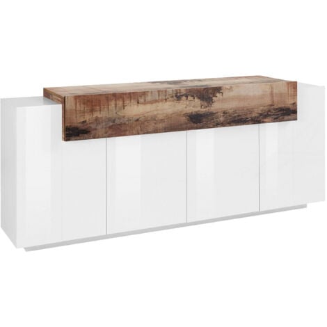 Dmora - Placard Dgerl, Buffet de cuisine à 4 portes, Buffet de salon, 100% Made in Italy, 200x45h86 cm, Blanc brillant et Érable