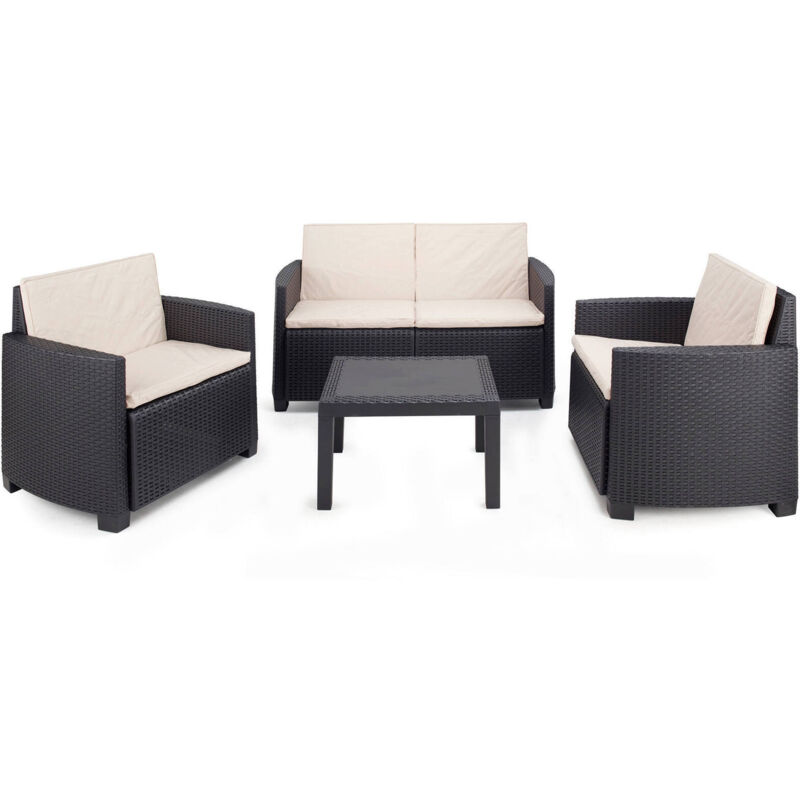 Dmora Salon intérieur et extérieur composé de : 2 fauteuils, 1 canapé 2 places et 1 table basse avec 8 coussins, Made in Italy, coloris anthracite