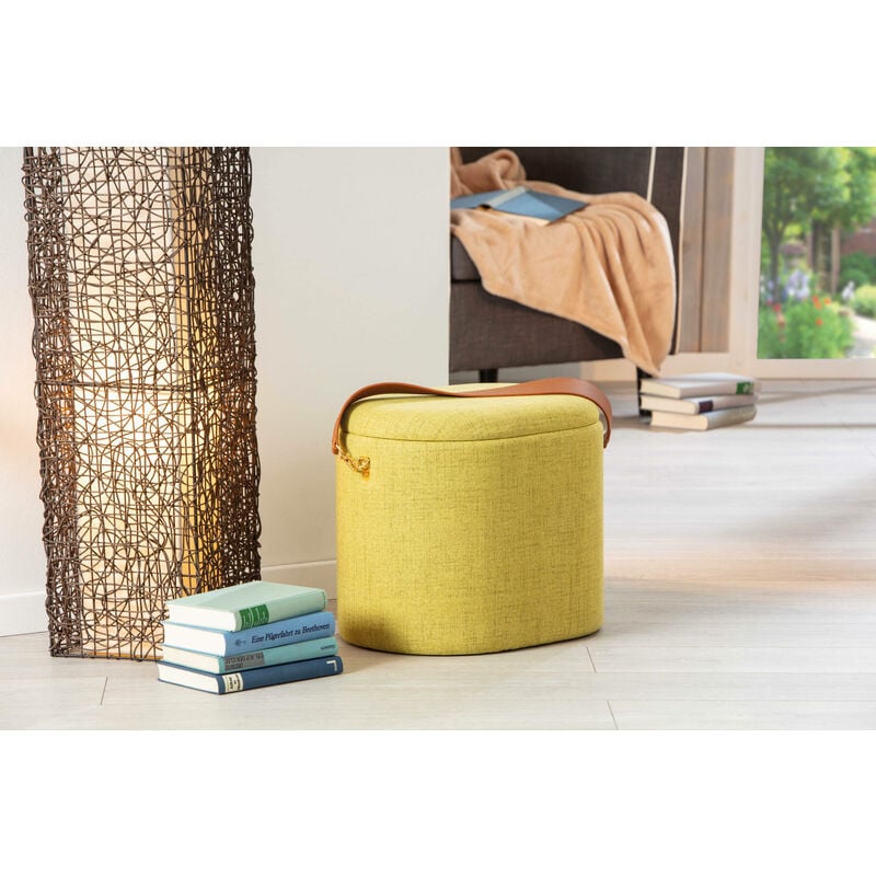 Pouf de rangement en tissu avec poignée en éco-cuir, couleur jaune-vert, 42x30x36 cm - Dmora