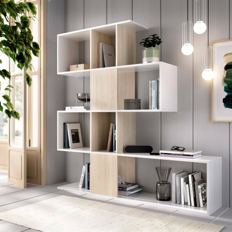 dmora bibliotheque decorative a six compartiments, couleur chene et blanc, 145 x 29 cm
