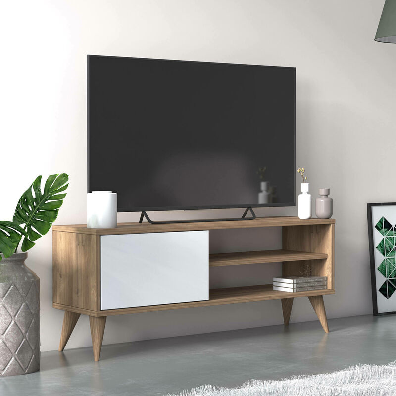 

Mueble TV para salón con puerta batiente y compartimentos, 110 x 30 x 45 cm, color roble con detalle blanco