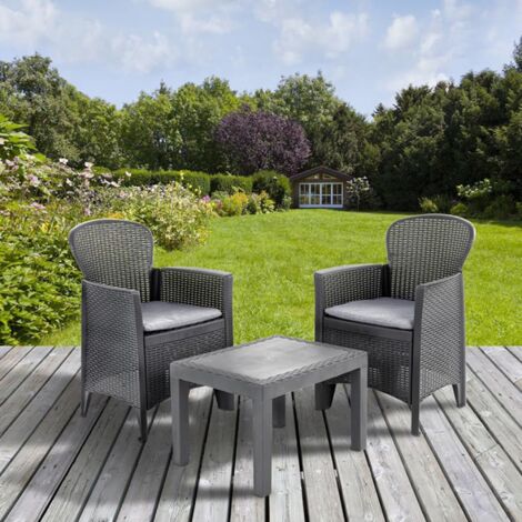 Dmora - Salón de Jardín Dzucco, Conjunto de jardín con 2 sillones y 1 mesa de centro, Zona de estar efecto ratán con cojines, 100% Made in Italy, Antracita