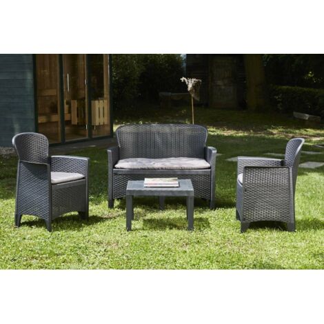 Dmora - Salón de Jardín Ostuni, Conjunto de jardín con 2 sillones, 1 sofá y 1 mesa de centro, Zona de estar efecto ratán con cojines, 100% Made in Italy, Antracita