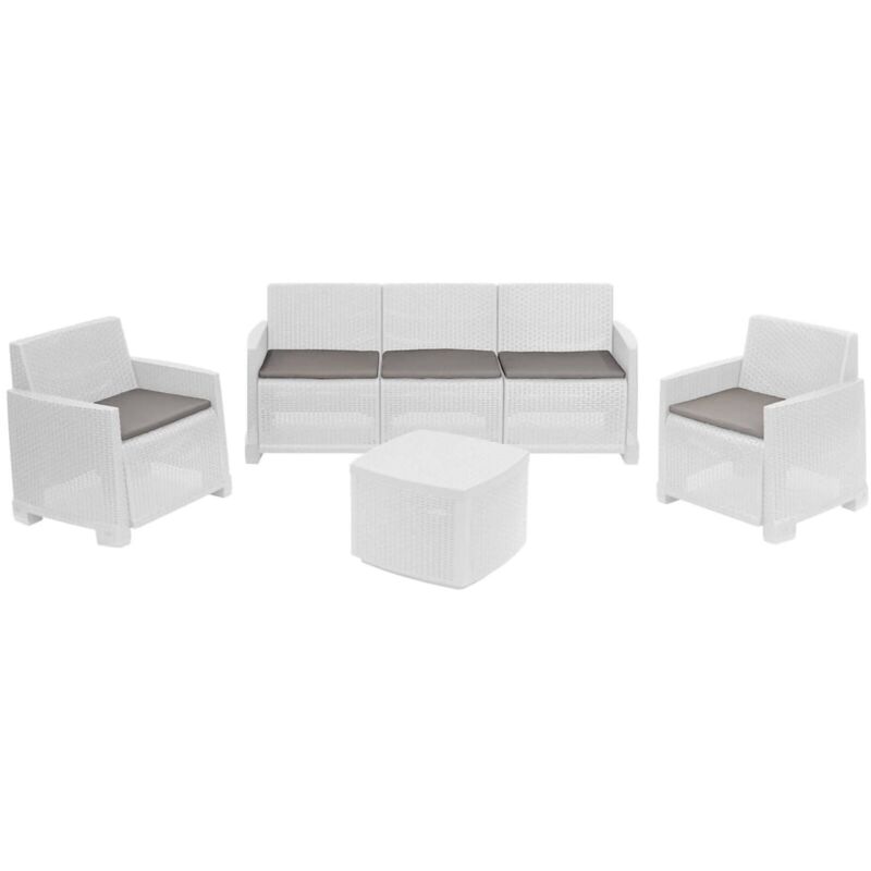 Salon d'extérieur Alassio, Salon de jardin avec 2 fauteuils, 1 canapé et 1 table de rangement, Effet rotin avec coussins, 100% Made in Italy, Blanc