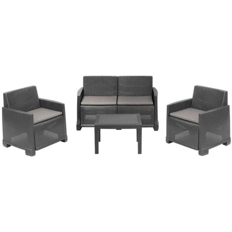 Dmora - Salon d'extérieur Dbagnolin, Ensemble de jardin avec 2 fauteuils, 1 canapé et 1 table basse, Effet rotin avec coussins, 100% Made in Italy, Anthracite