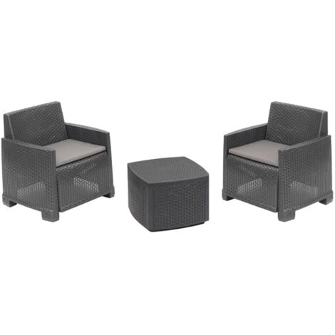 Dmora - Salon d'extérieur Dbelpan, Salon de jardin avec 2 fauteuils et 1 table de rangement, Effet rotin avec coussins, 100% Made in Italy, Anthracite