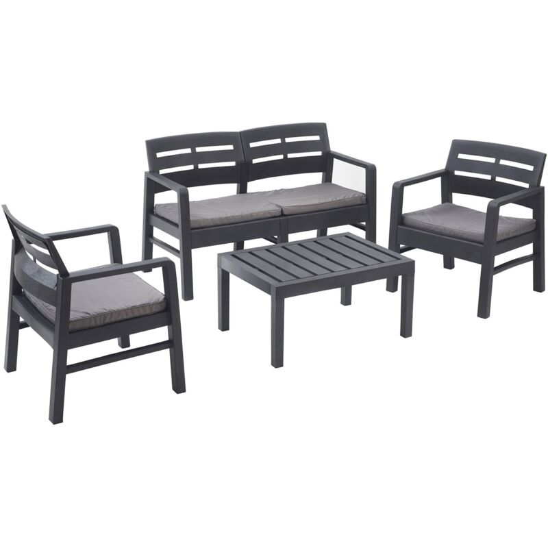 Set salon d'extérieur Dgyas, Salon de jardin avec 2 fauteuils, 1 canapé et 1 table basse, Salon intérieur et extérieur avec coussins, 100% Made in