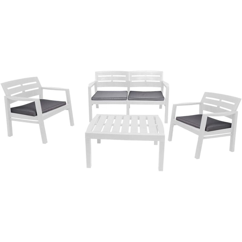 Set salon d'extérieur Dgyas, Salon de jardin avec 2 fauteuils, 1 canapé et 1 table basse, Salon intérieur et extérieur avec coussins, 100% Made in