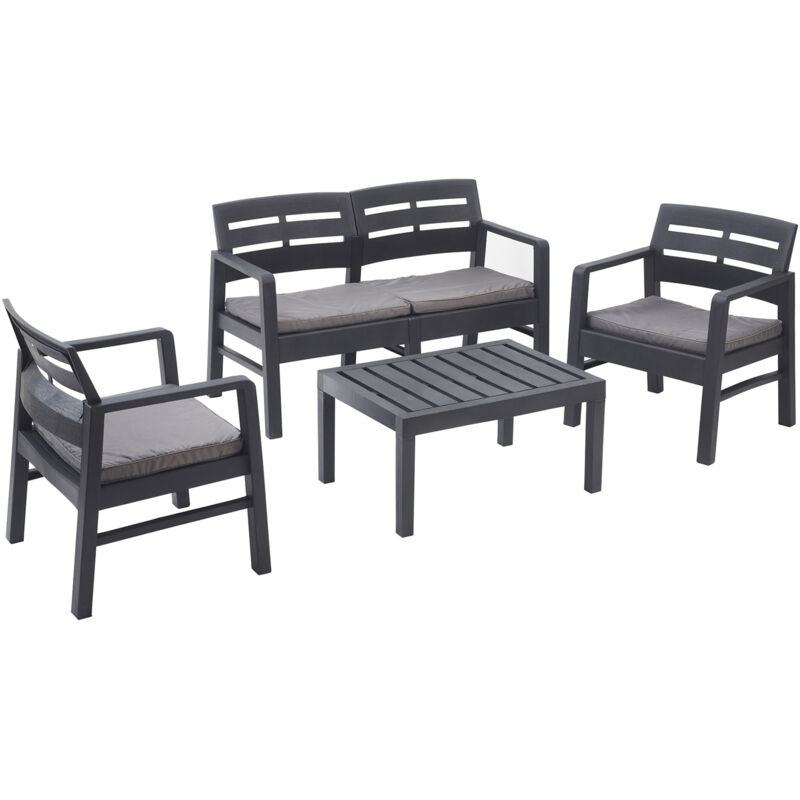 Salon extérieur avec 2 fauteuils 1 canapé 1 table basse avec coussins, Made in Italy, Couleur Anthracite - Dmora