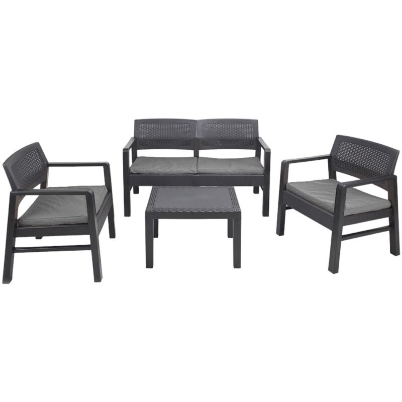 Dmora Salon extérieur composé de: 2 fauteuils, 1 canapé deux places et 1 table basse, avec 8 coussins, Made in Italy, Anthracite