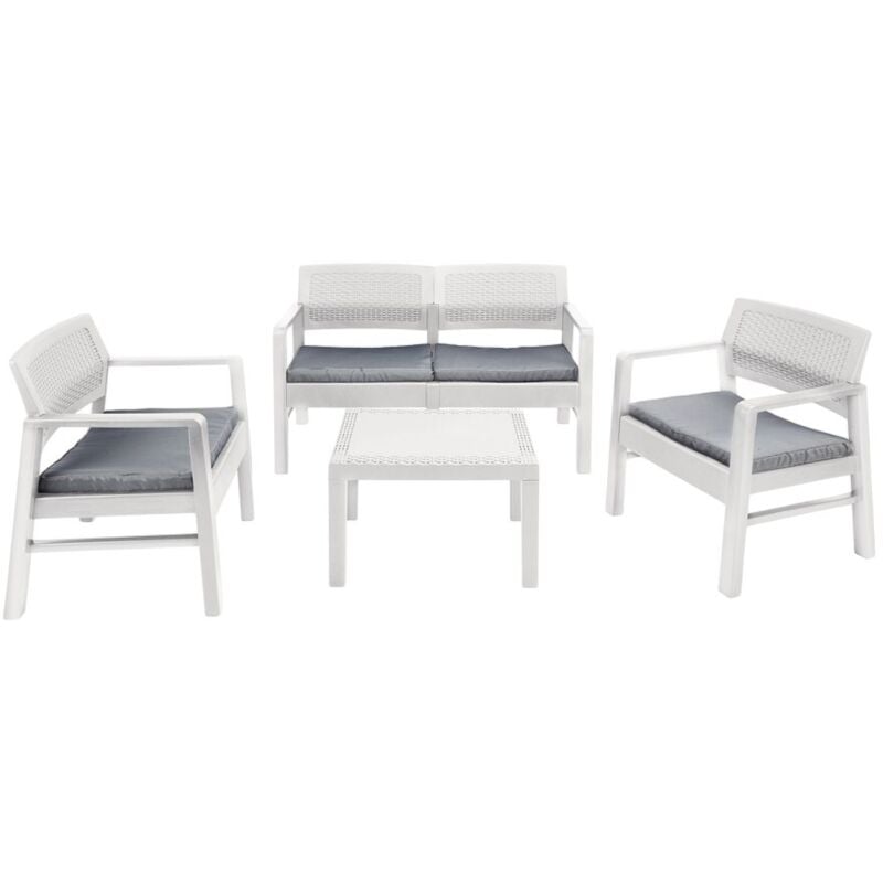 Dmora Salon extérieur composé de: 2 fauteuils, 1 canapé deux places et 1 table basse, avec 8 coussins, Made in Italy, Blanc
