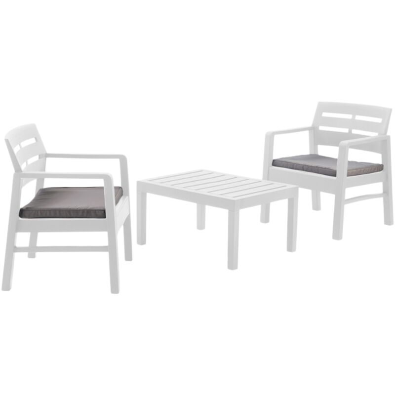 Dmora Salon intérieur et extérieur composé de 2 fauteuils 1 table basse avec coussins, Made in Italy, Couleur Blanc