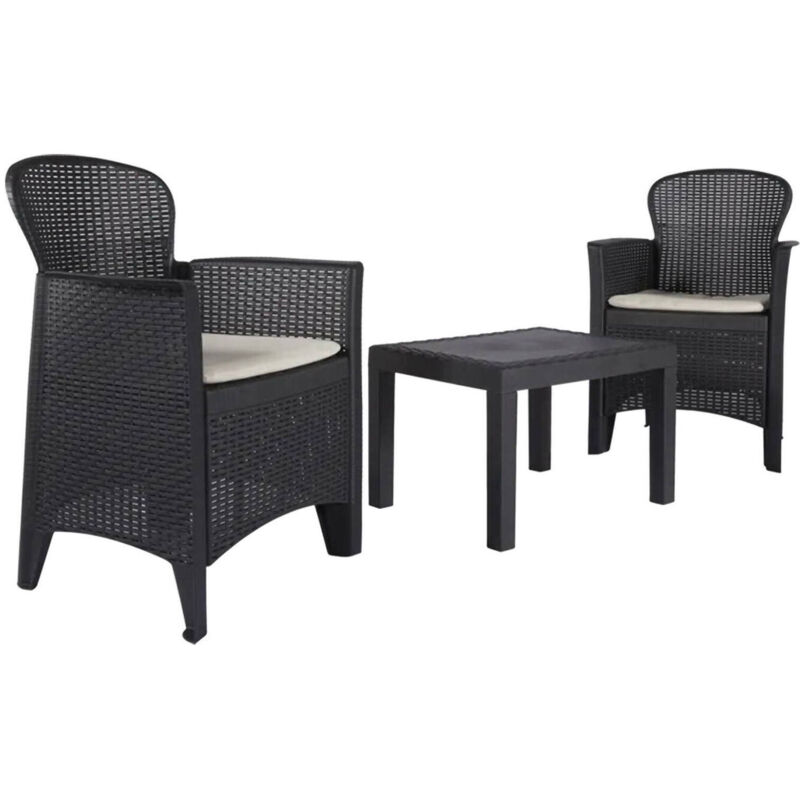 Salon intérieur et extérieur composé de: 2 fauteuils et 1 table basse, avec 2 coussins, Made in Italy, Couleur Anthracite - Dmora