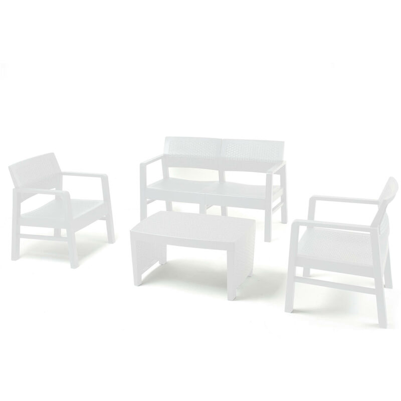 

Salón interior y exterior compuesto por: 2 sillones, 1 sofá de dos plazas y 1 mesita de café, con 8 cojines, Made in Italy, Blanco - Dmora