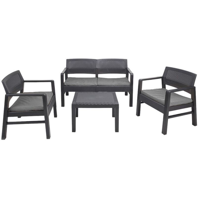 

Lounge para interior y exterior compuesto por: 2 sillones, 1 sofá de dos plazas y 1 mesita de café, con cojines, Made in Italy, Antracita - Dmora