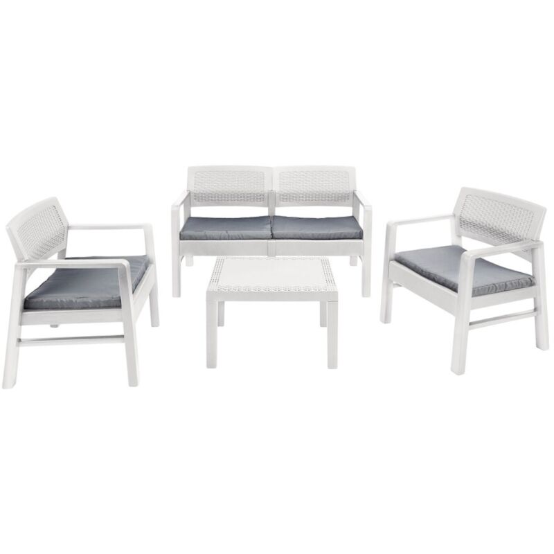 

Salón interior y exterior compuesto por: 2 sillones, 1 sofá de dos plazas y 1 mesa de centro, con cojines, Made in Italy, Blanco - Dmora