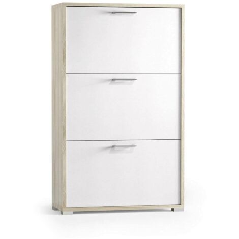 Dmora - Scarpiera Axinite, Mobile multiuso da ingresso con 3 ante a ribalta, Armadietto portascarpe a doppia profondità, 100% Made in Italy, 67x28h112 cm, Bianco e Olmo