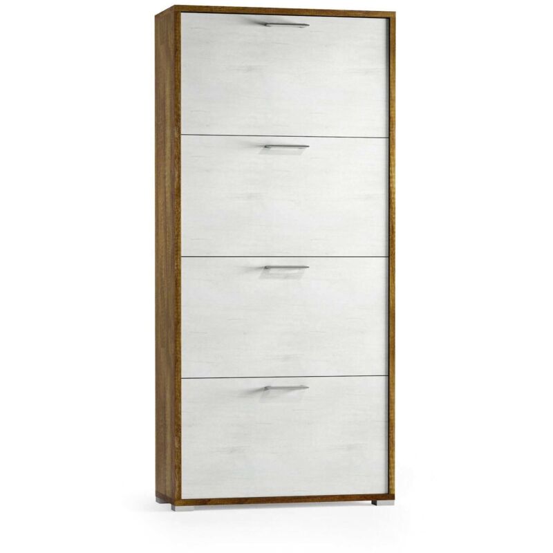 Scarpiera Dlos, Mobile Multiuso Da Ingresso Con 3 Ante A Ribalta Armadietto Portascarpe A Doppia Profondita 100 Made In Italy 67x28h112 Cm Bianco E Cemento