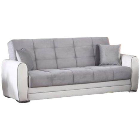 Dmora - Schlafsofa Dgirou, 3-Sitzer-Container-Schlafsofa aus Kunstleder und Stoff, Wohnzimmersofa aus gepolstertem Stoff mit Klick-Klack-Öffnung, 220x84h91 cm, Weiß und Grau