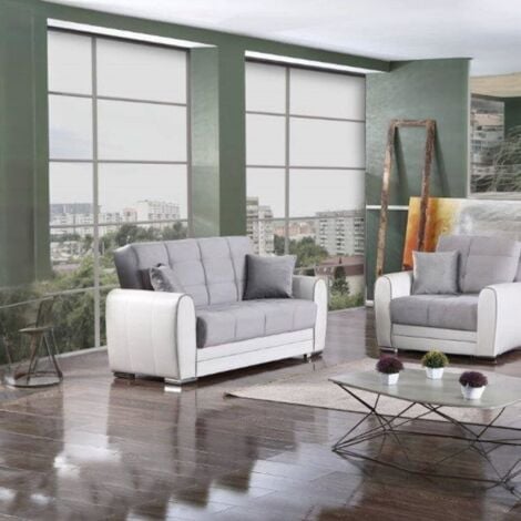 Dmora - Schlafsofa Dlobuon, Eck-Container-Schlafsofa aus Kunstleder und Stoff, Wohnzimmersofa mit Klick-Klack-Öffnung und umkehrbarer Halbinsel, 163x84h91 cm, Weiß und Grau