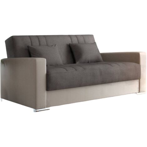 Dmora - Schlafsofa Dmede, 3-Sitzer-Container-Schlafsofa aus Kunstleder und Stoff, Wohnzimmersofa mit Klick-Klack-Öffnung und 2 Kissen inklusive, 230x96h101 cm, Beige und Grau