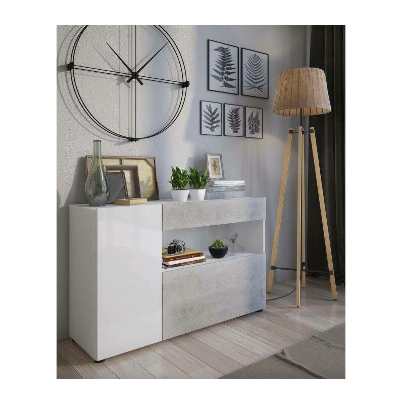 Sideboard mit Klapptür und Schublade, 130 x 41 x 85 cm, Farbe Weiß mit Details in Betonoptik - Dmora