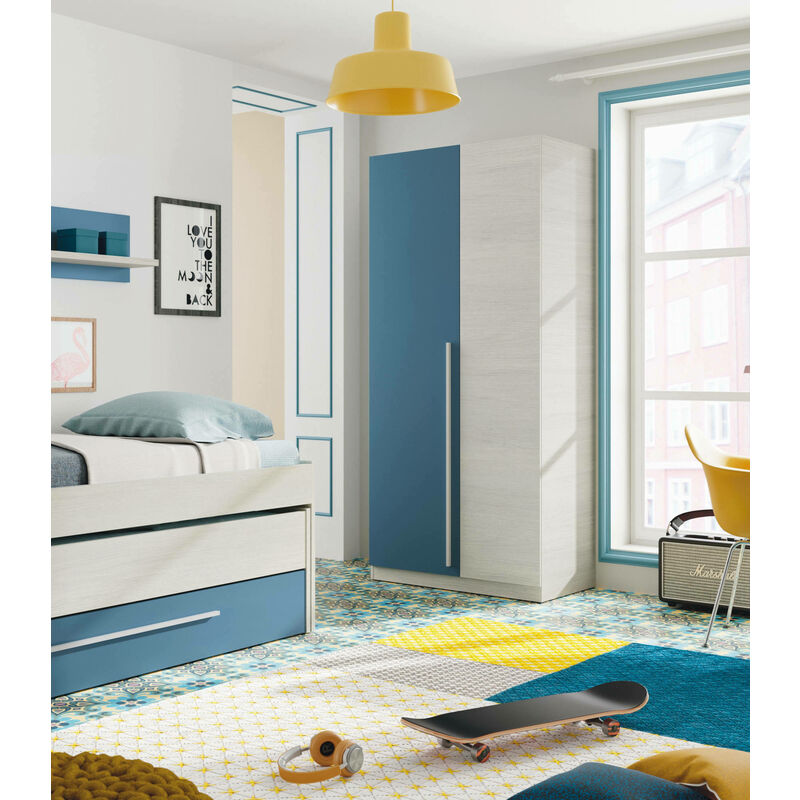 Kleiderschrank mit zwei Türen und drei Einlegeböden, mit Kleiderstange, Farbe weiß mit heller Holzoptik und hellblau, 90 x 200 x 52 cm. - Dmora