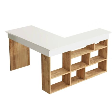 Dmora - Schreibtisch Angete, Mehrzweckschreibtisch, Bürotisch für PC, Eckschreibtisch, 129x120h72 cm, Eiche und Weiß, mit verstärkter Verpackung