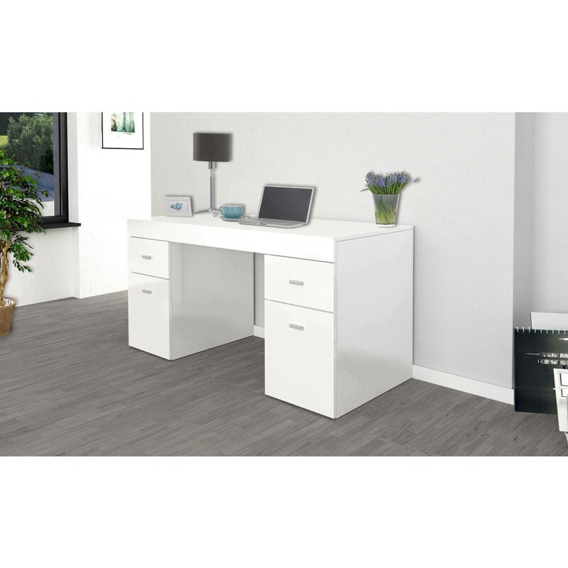 Dmora - Schreibtisch mit Schubladen und Aufbewahrungsplatte, Made in Italy, Computertisch, PC-Schreibtisch, cm 130x60h75, glänzend weiße Farbe