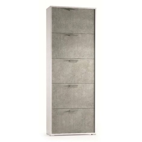 Dmora Schuhregal Surfinia, Mehrzweck - Eingangsmöbel mit 5 Klapptüren, Schuhschrank mit doppelter Tiefe, 100% Made in Italy, Cm 67x28h183, Weiß und Beton