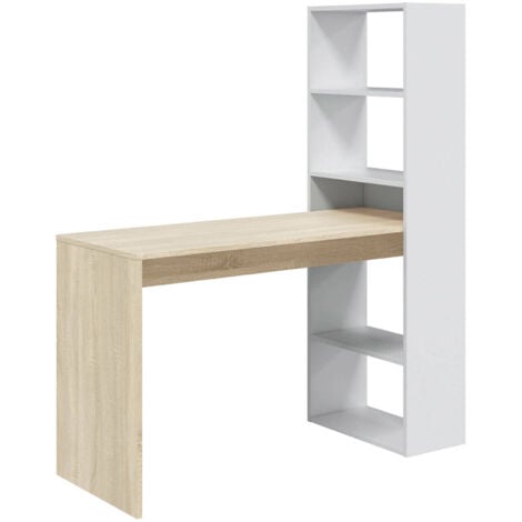 Dmora - Scrivania Ali, Scrittoio multifunzione reversibile con libreria 5 ripiani, Tavolo da studio o ufficio porta PC portalibri, 120x53h144 cm, Bianco e Rovere