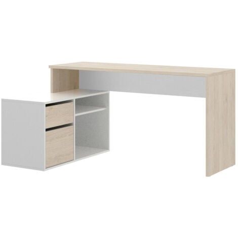 DMORA Andor, Scrittoio multiposizione da ufficio o cameretta, Tavolo da studio angolare multiuso, 139x92h75 cm, Bianco lucido e Rovere