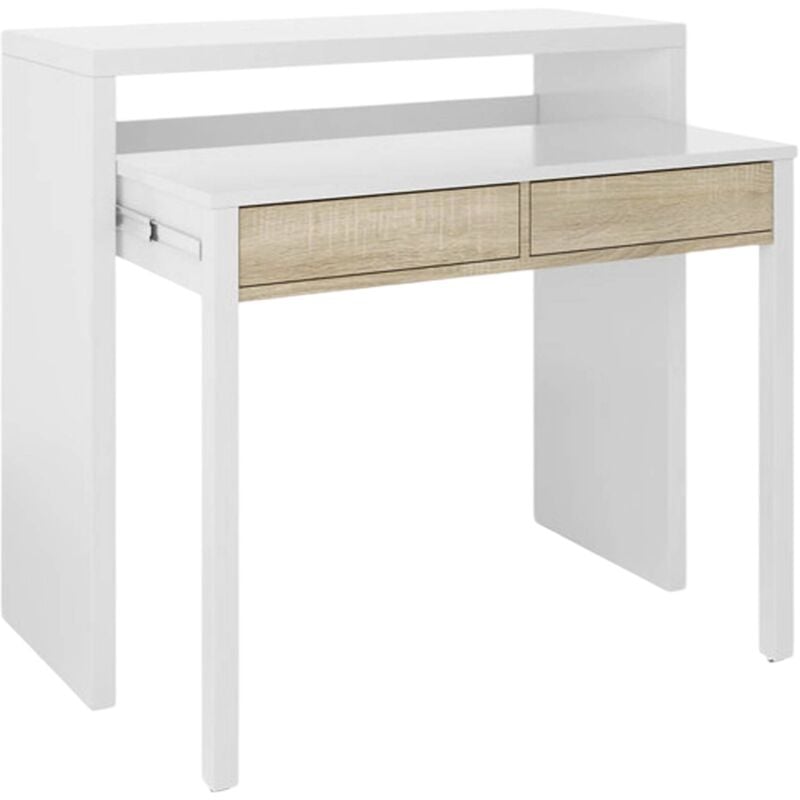 Dmora Consolle Billings, Scrivania con piano estensibile, Scrittoio porta PC con 2 cassetti, cm 99x36h88, Bianco e Rovere, con imballo rinforzato