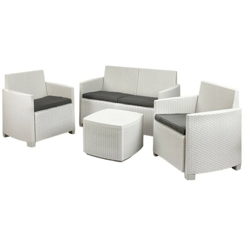 Set de jardin avec coussins, 1 canapé + 2 fauteuils (avec accoudoirs) + 1 table container d'extérieur, Made in Italy, Blanc - Dmora