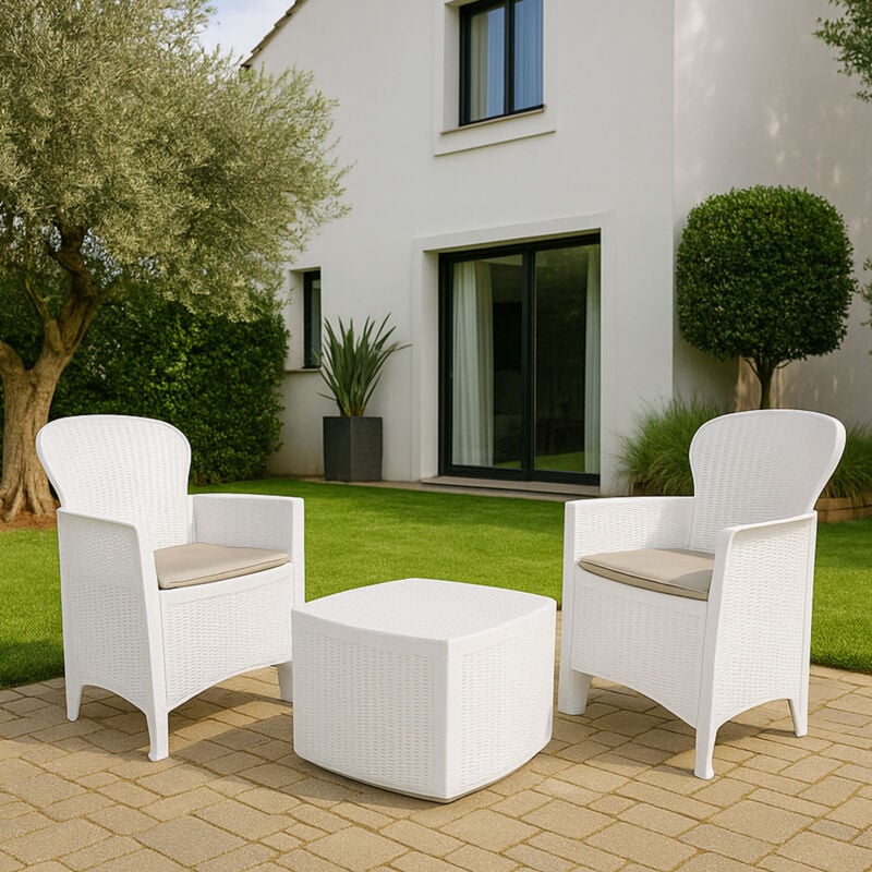 Dmora Set de jardin avec coussins, 2 fauteuils et 1 table pour bac d'extérieur, Made in Italy, Couleur Blanc