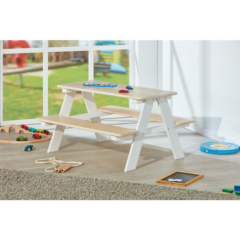 Set de table avec bancs pour enfants, en pin blanc, 90x82x50 cm - Dmora