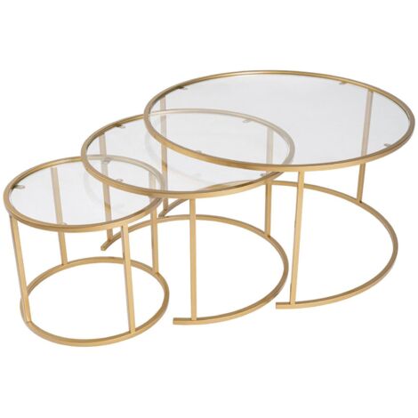 Dmora - Set di 3 tavolini da salotto Carugate, Tavolo basso da caffè, Portariviste per divano, Ripiano da soggiorno, 80x80 h43 cm, Oro e Trasparente