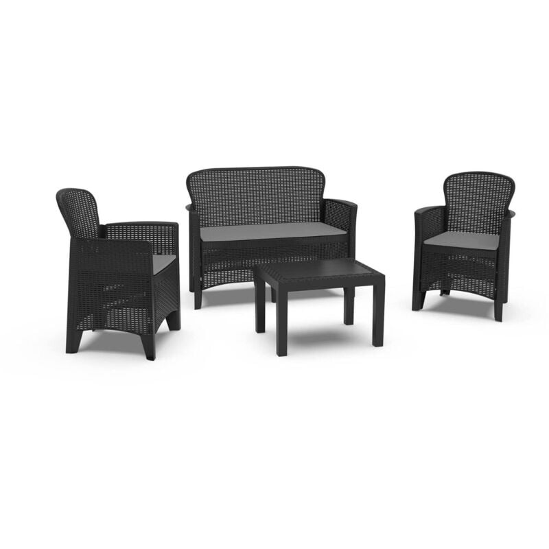 Set salon d'extérieur Dlinett, Salon de jardin composé de 2 fauteuils, 1 canapé et 1 table basse, Coin salon effet rotin avec coussins, 100% Made in