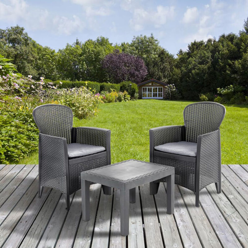 Dmora Set salon d’extérieur Foggia, Salon de jardin composé de 2 fauteuils et 1 table basse, Salon effet rotin avec coussins, 100% Made in Italy,
