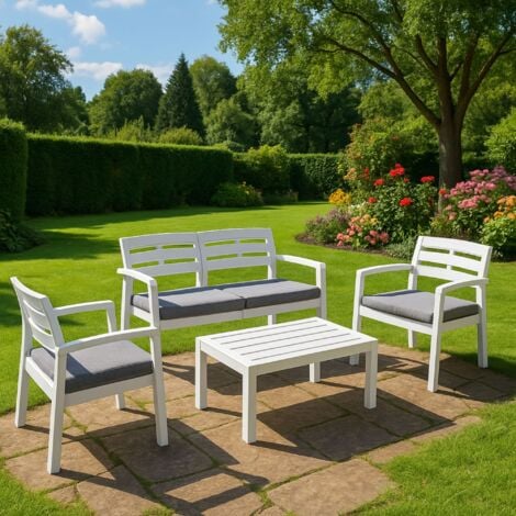 Dmora Set salon d’extérieur Massa, Salon de jardin avec 2 fauteuils, 1 canapé et 1 table basse, Salon intérieur et extérieur avec coussins, 100% Made in Italy, Blanc, avec emballage renforcé