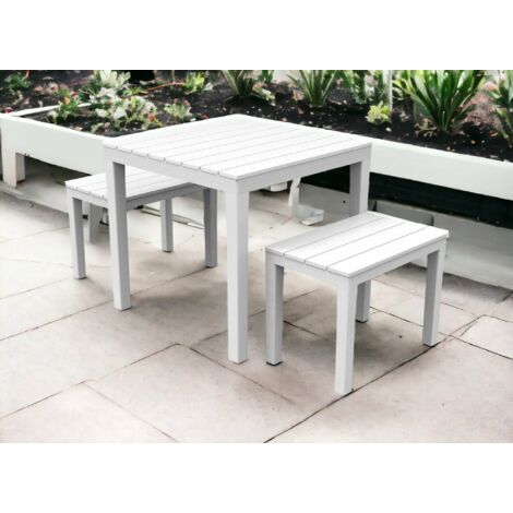 Dmora Set salon d'extérieur Moncalieri, Ensemble de jardin avec 1 table carrée et 2 bancs, Ensemble Pic Nic intérieur et extérieur, 100% Made in Italy, Blanc, avec emballage renforcé