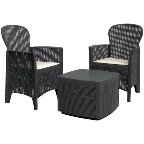 Dmora - Set salotto da esterno Anny, Set da giardino, Salottino effetto rattan, 100% Made in Italy, 2 poltrone e 1 tavolino contenitore, Antracite