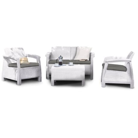 Dmora - Set salotto da esterno Dolcedo, Salottino outdoor, Set da balcone o giardino, Composizione soggiorno per esterni, 128x70 h79 cm, Bianco