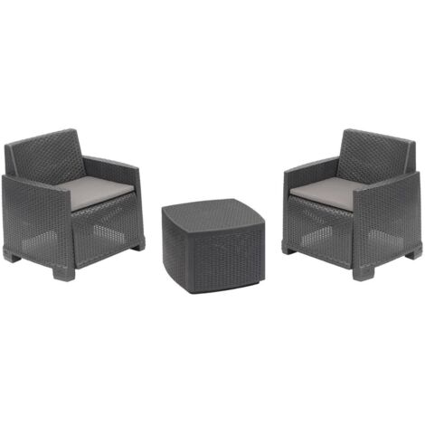 Dmora - Set salotto da esterno Laigueglia, Set da giardino con 2 poltrone e 1 tavolino contenitore, Effetto rattan con cuscini, 100% Made in Italy, Antracite, con imballo rinforzato