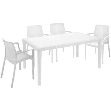Dmora - Set salotto da esterno Lograto, Salottino outdoor e indoor, Tavolo rettangolare fisso con 4 sedie impilabili, Made in Italy, Bianco