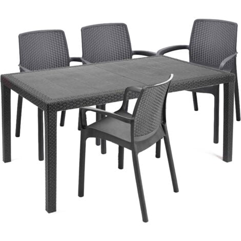 Dmora - Set salotto da esterno Roccaraso, Salottino outdoor e indoor, Tavolo rettangolare fisso con 4 sedie impilabili, Made in Italy, Antracite