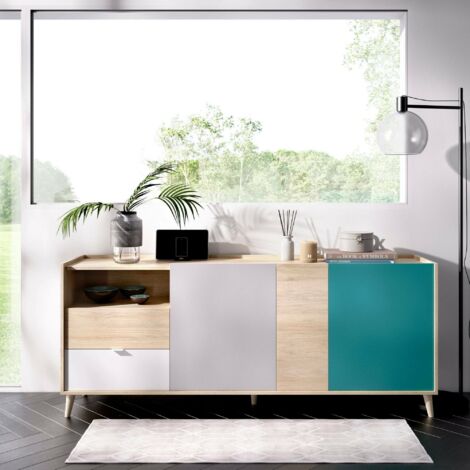 Dmora - Sideboard Dguerin, Buffet für Wohnzimmer, Modernes Sideboard für Wohnzimmer mit 3 Türen, 180x43h75 cm, Eiche und Grau
