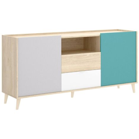 Dmora - Sideboard Dmaje, Wohnzimmer-Buffet, modernes Wohnzimmer-Sideboard mit 2 Türen, 155 x 43 x 75 cm, Weiß und Eiche