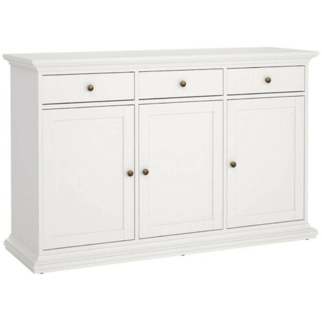 Dmora Sideboard mit drei Naten und drei Schubladen, weiße Farbe, 143,7 x 91,66 x 46,1 cm